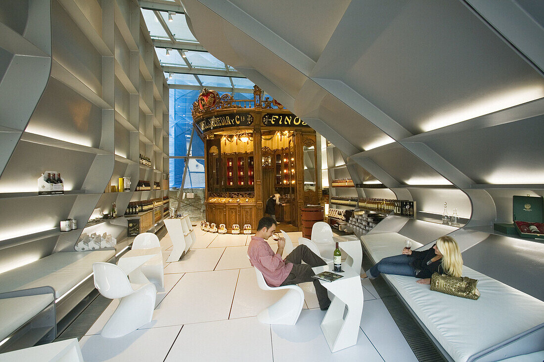 Lopez de Heredia winery: shop. Wine tasting. Architect: Zaha Hadid. Villa Tondonia. Haro, La Rioja, Spain