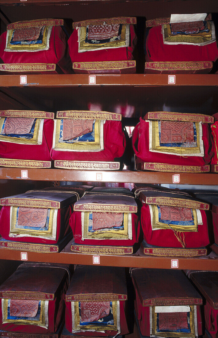 Book shelves. National library. Thimphu. Bhutan.