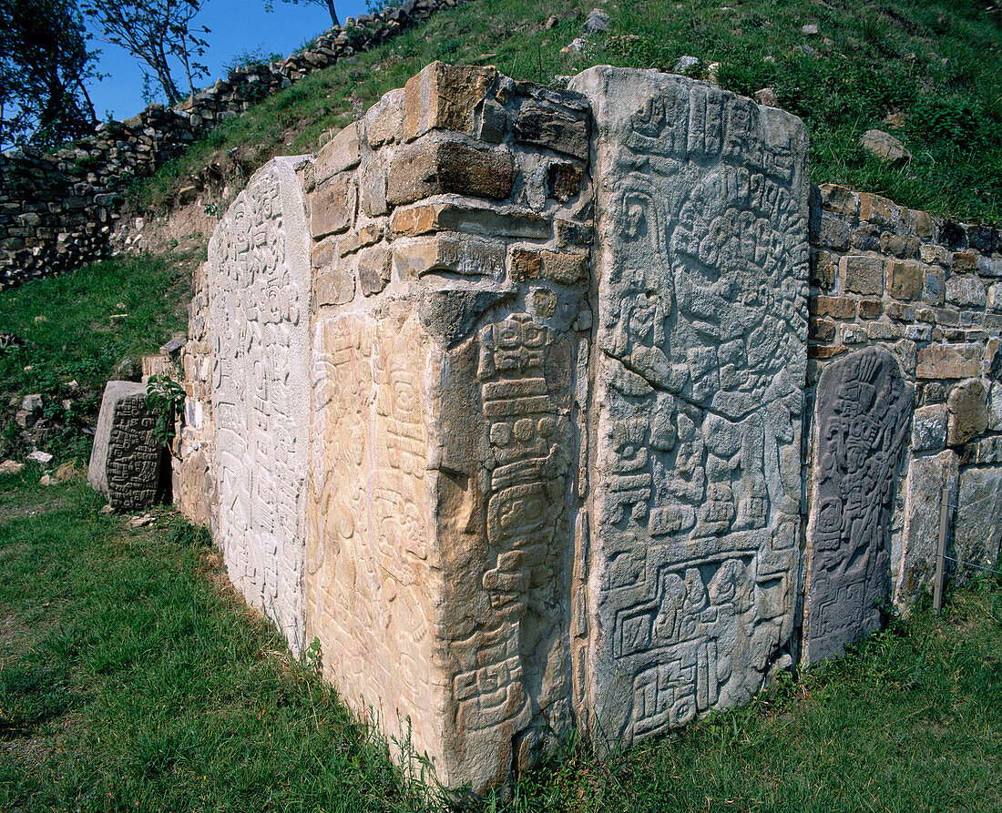Reliefs in the southern plataform of the archeological site Monte Alban . Oaxaca State. Mexico
