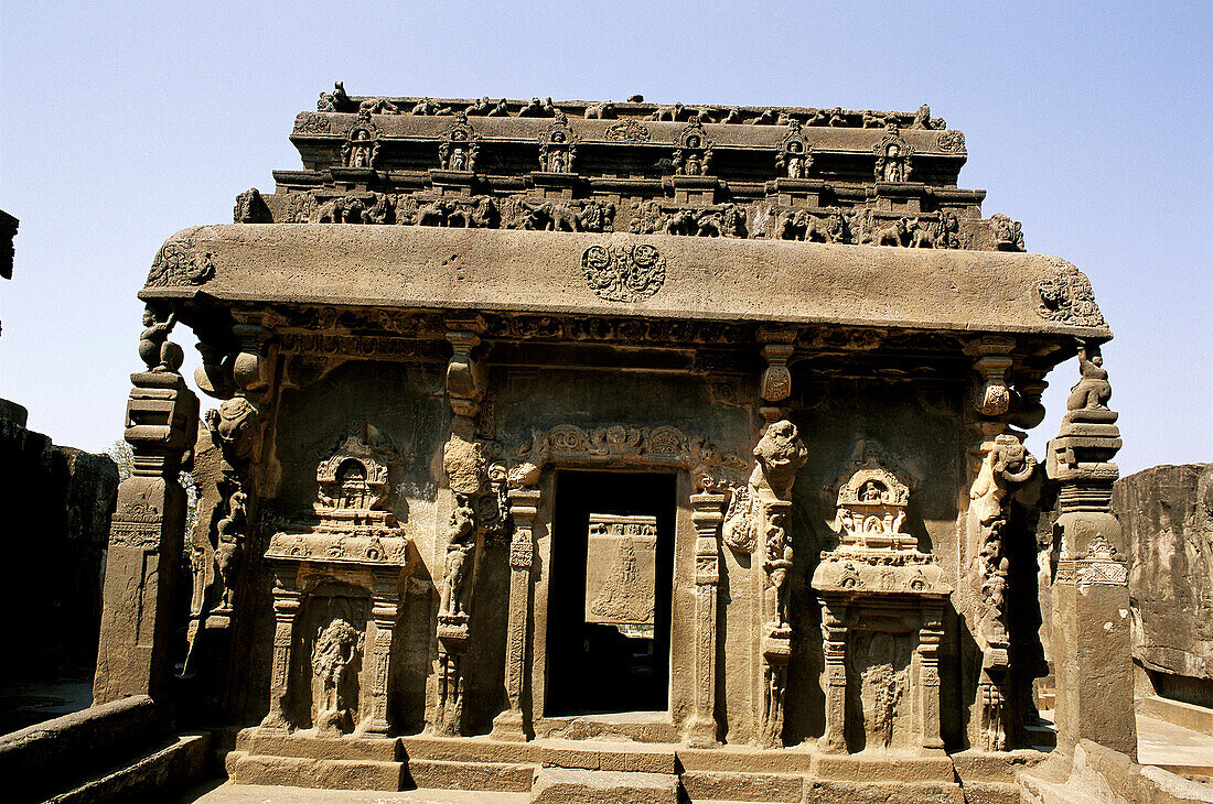 Carved facade of Kailasa Temple at Ellora Caves (cave num. 16). Aurangabad, Maharashtra state. India