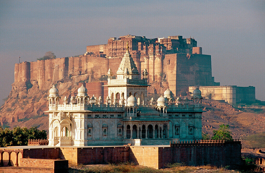 Jaswant Thada Memorial and Meherangarh fort in Jodhpur. Rajasthan. India