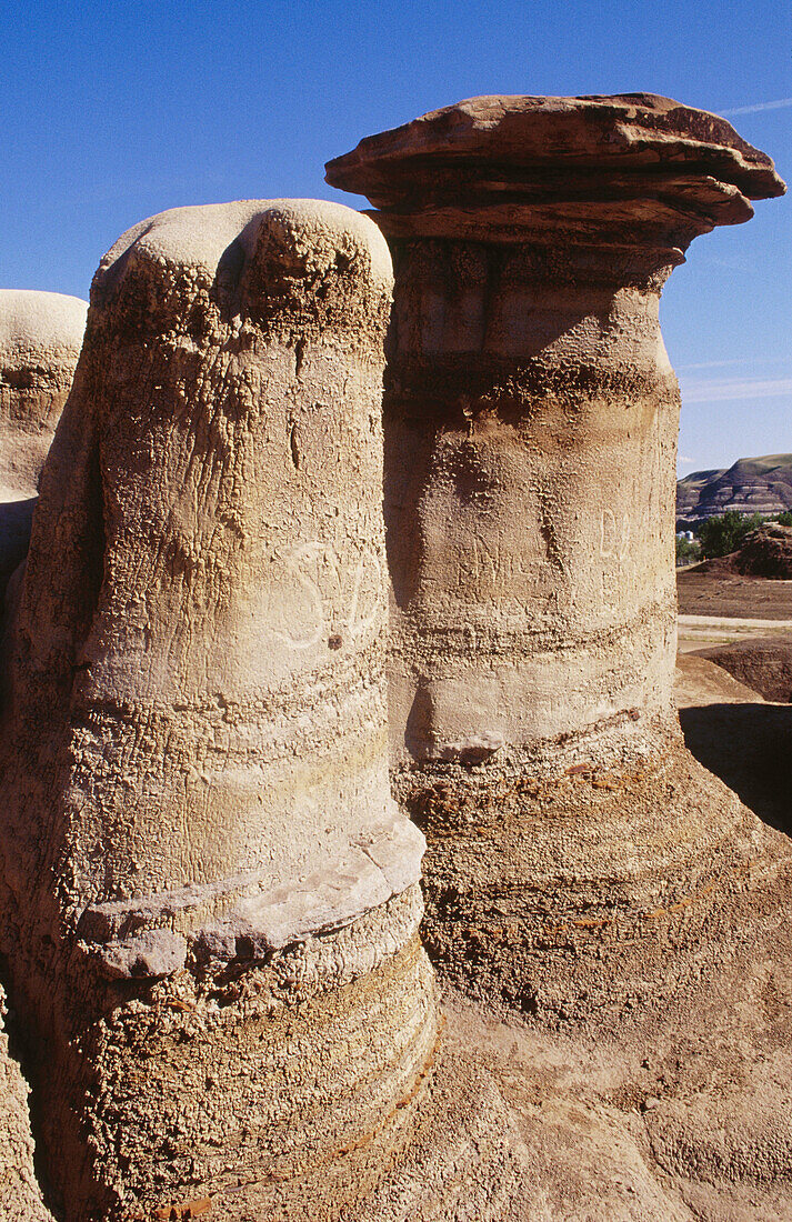 Hoodoos (mushroom shaped rock formations) in Drumheller Valley. Alberta. Canada