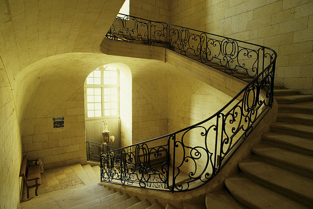 Staircase at abbey. Bourgueil. Touraine. France