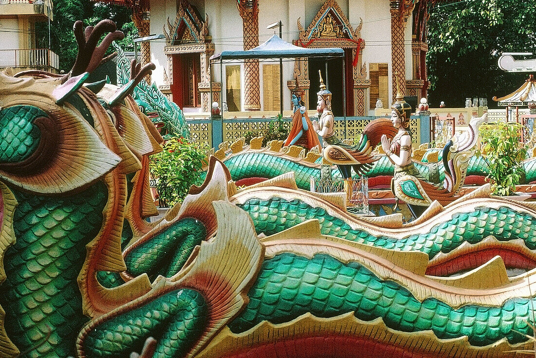 Great snakes guarding the entrance to Thai temple. Georgetown. Penang Island. Malaysia