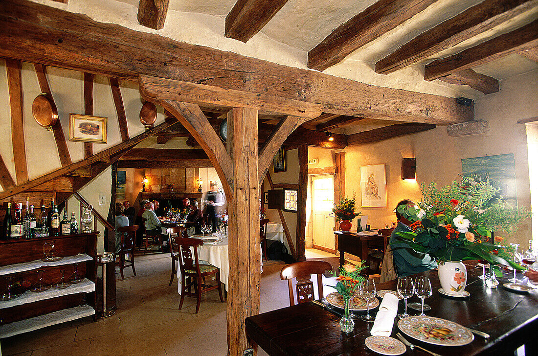 Interior of house built in 12th century, restaurant where writer Balzac used to be customer. Sache. Touraine, Val-de-Loire. France