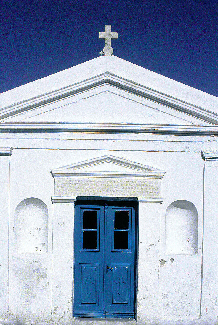 Facade of white chapel. Mykonos. Greece