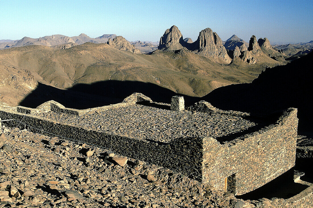Atakor Mountains seen from father Charles de Foucault stone ermitage. Assekrem col. Hoggar, Sahara desert. Algeria