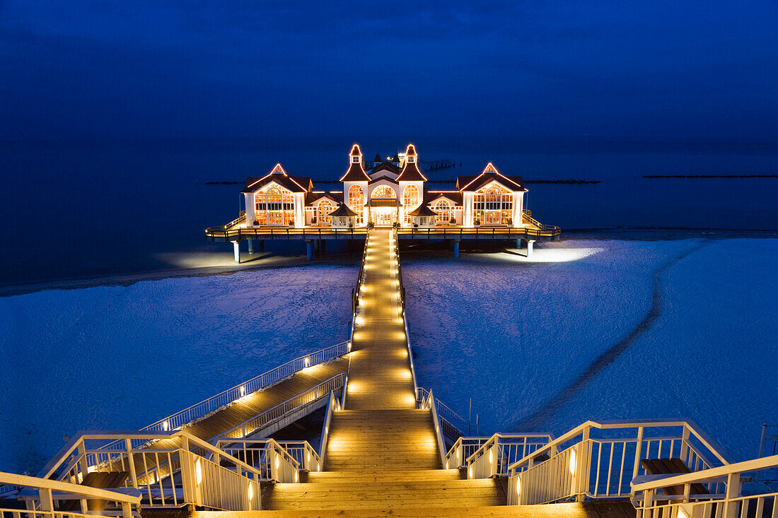 Illuminated pier, Sellin, Rugen Island, Mecklenburg-Western Pomerania, Germany
