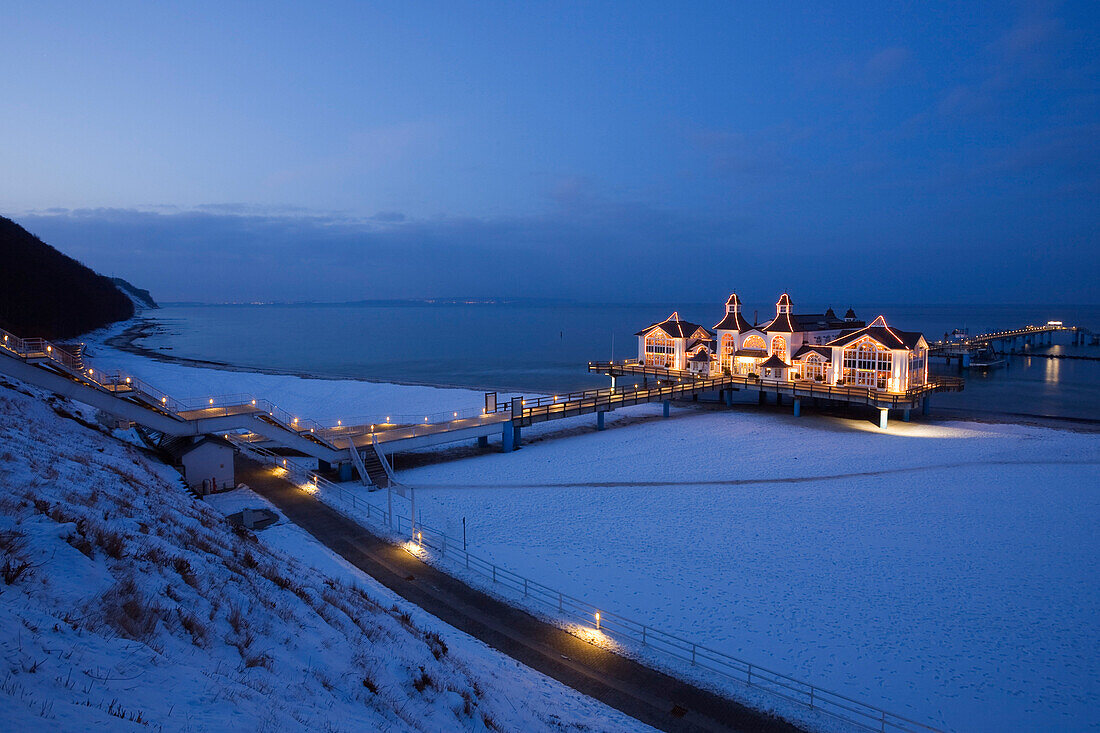 Illuminated pier, Sellin, Rugen Island, Mecklenburg-Western Pomerania, Germany