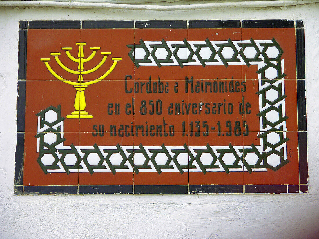 Conmemorative plaque on the 850 anniversary of the birth of Maimonides. Historic city of Cordoba. Andalucia. Spain