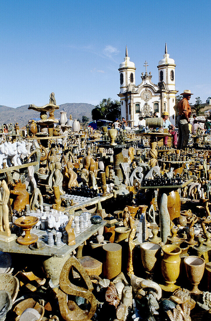 Souvenirs market by the San Francisco de Assis church .Historic city of Ouro Preto founded by the Portuguese. Minas Gerais. Brazil