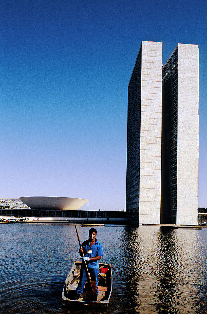 Congress building and lake. Federal Capital of Brasilia founded by president Kubisteck and designed by Oscar Niemeyer. Brazil