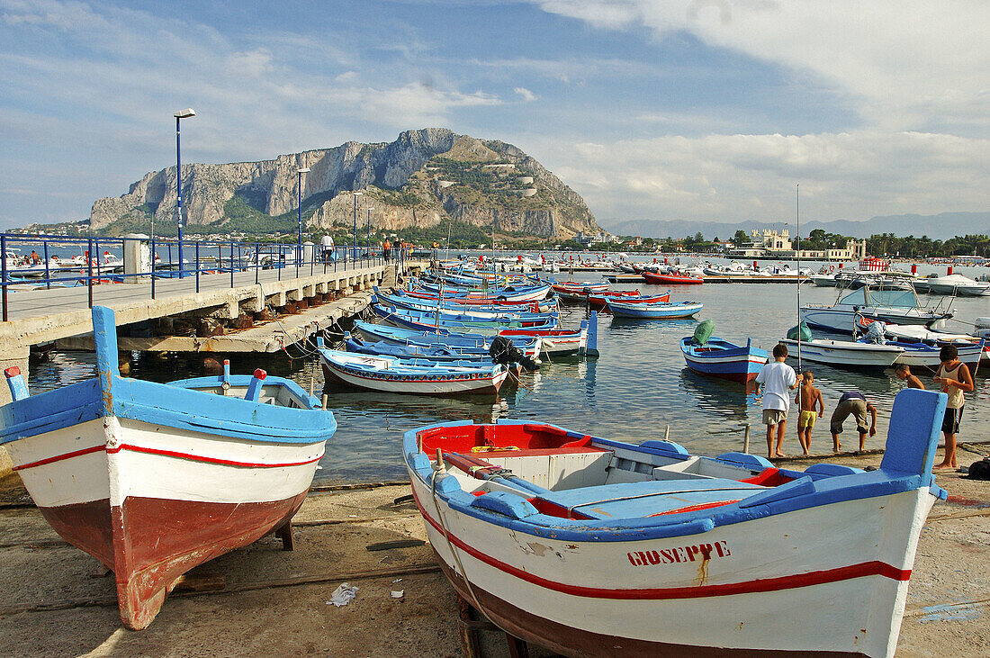 Fishermen boats in the harbour. Seaside resort of Mondello near Palermo. Sicily. Italy