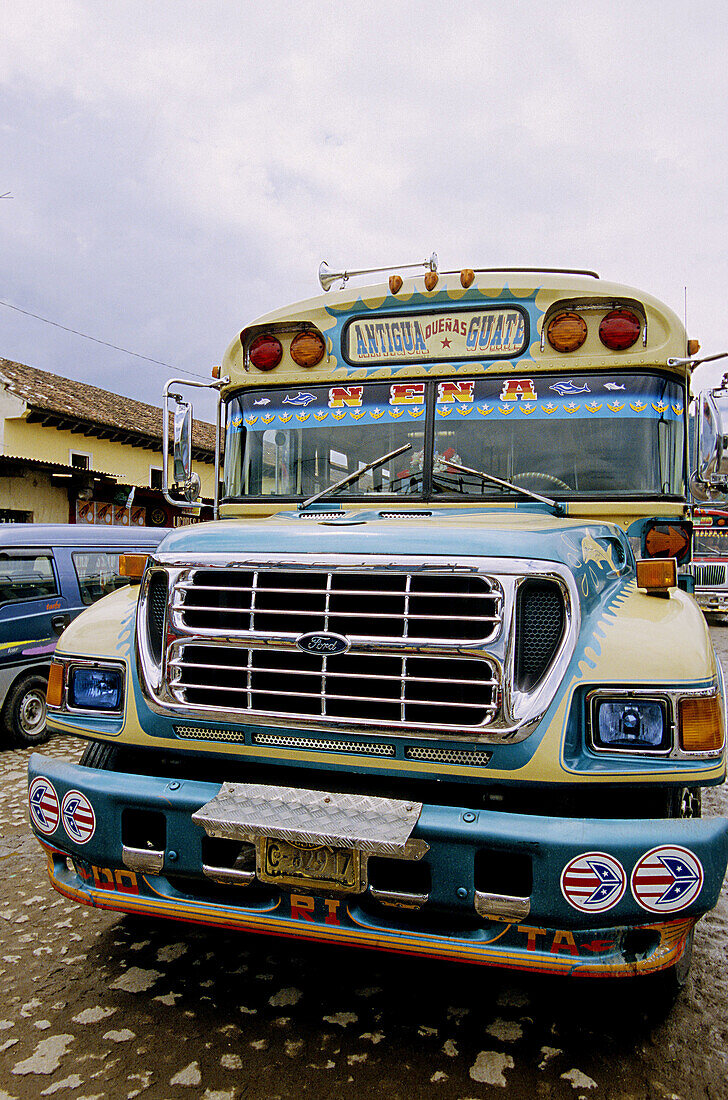 Local buses (old US school buses refusrbished and decorated). Antigua. Guatemala.