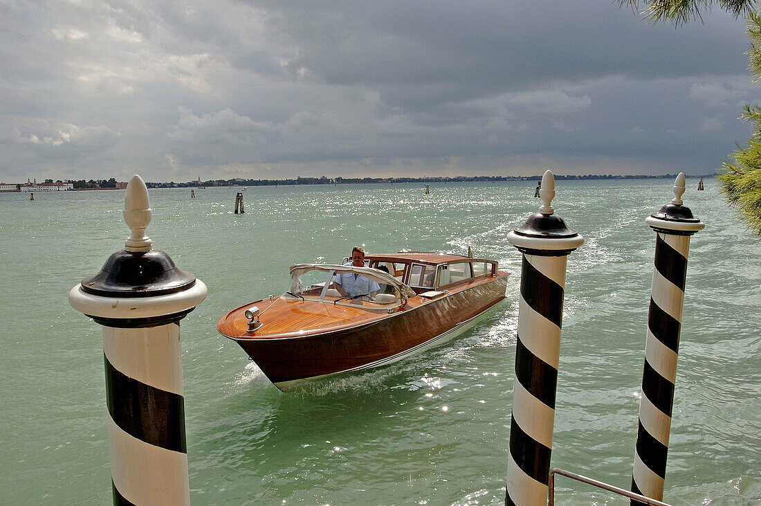 The hotel boat arringg at Hotel Cipriani . Giudecca island. Venice. Venetia. Italy