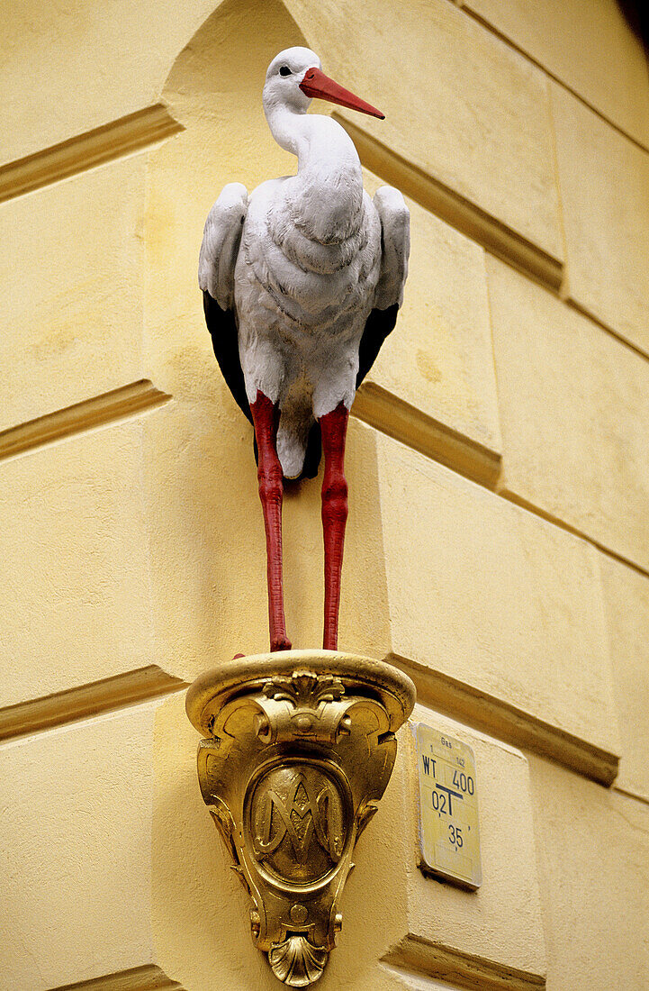 Stork, ancient baroque Pharmacy shop sign. Vienna. Austria