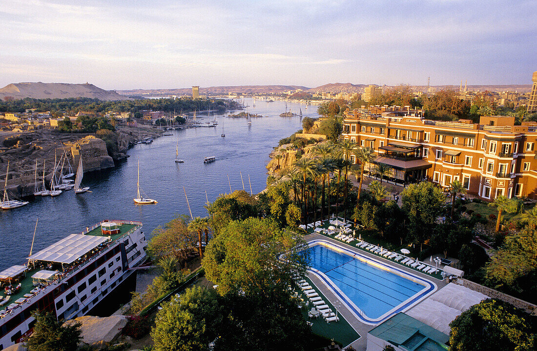 Elevated view of Old Cataract Hotel. Aswan. Nubia. Egypt
