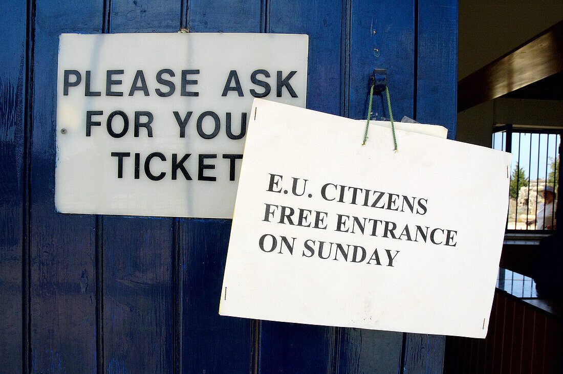 UE citizens free entrance on Sunday sign at the entrance to archeological site. Paphos, Cyprus