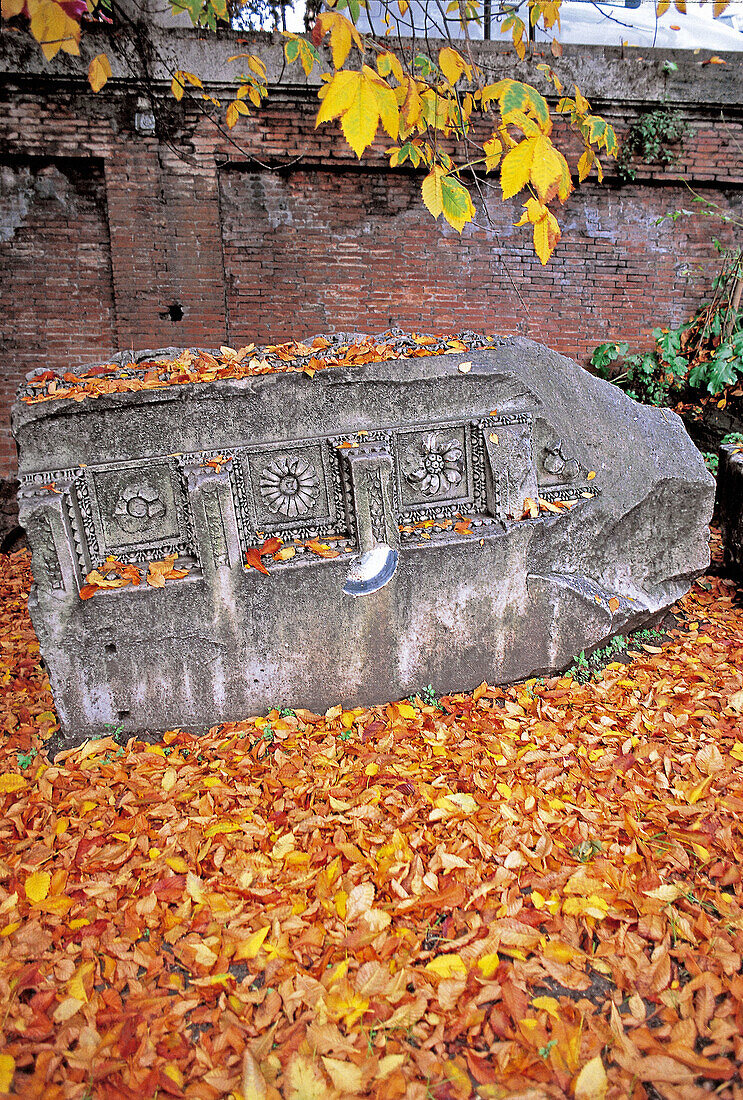 Stone from Roman ruins at fall. Rome, Italy