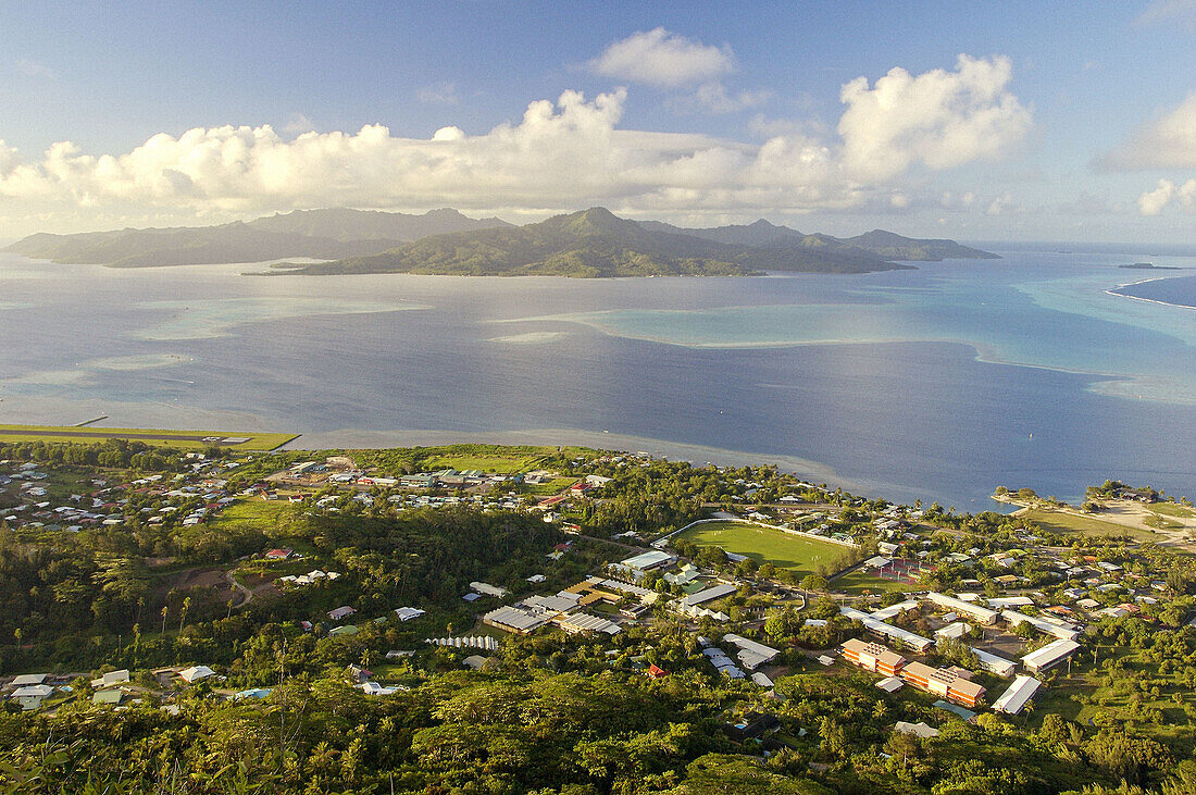 Overview from the TV tower in Uturoa. Raiatea island. At back Tahaa island. French Polynesia. South Pacific.