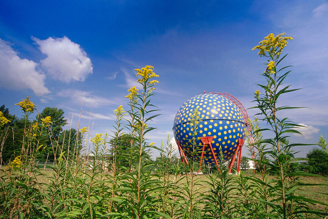 Gas tank in the shape of a ball, Rhine Herne Canal, Ruhr, Ruhr Valley, Northrhine Westphalia, Germany