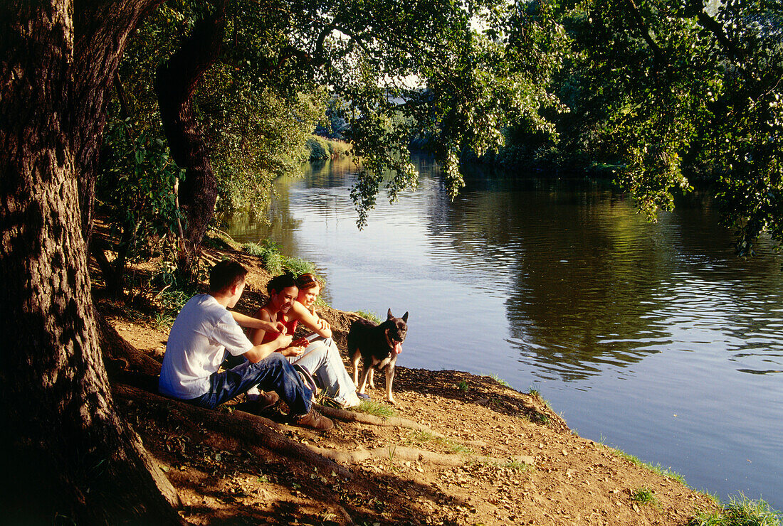 Three young people and a dog having a picnic near  river, Witten, Ruhr Valley, Ruhr, Northrhine Westphalia, Germany