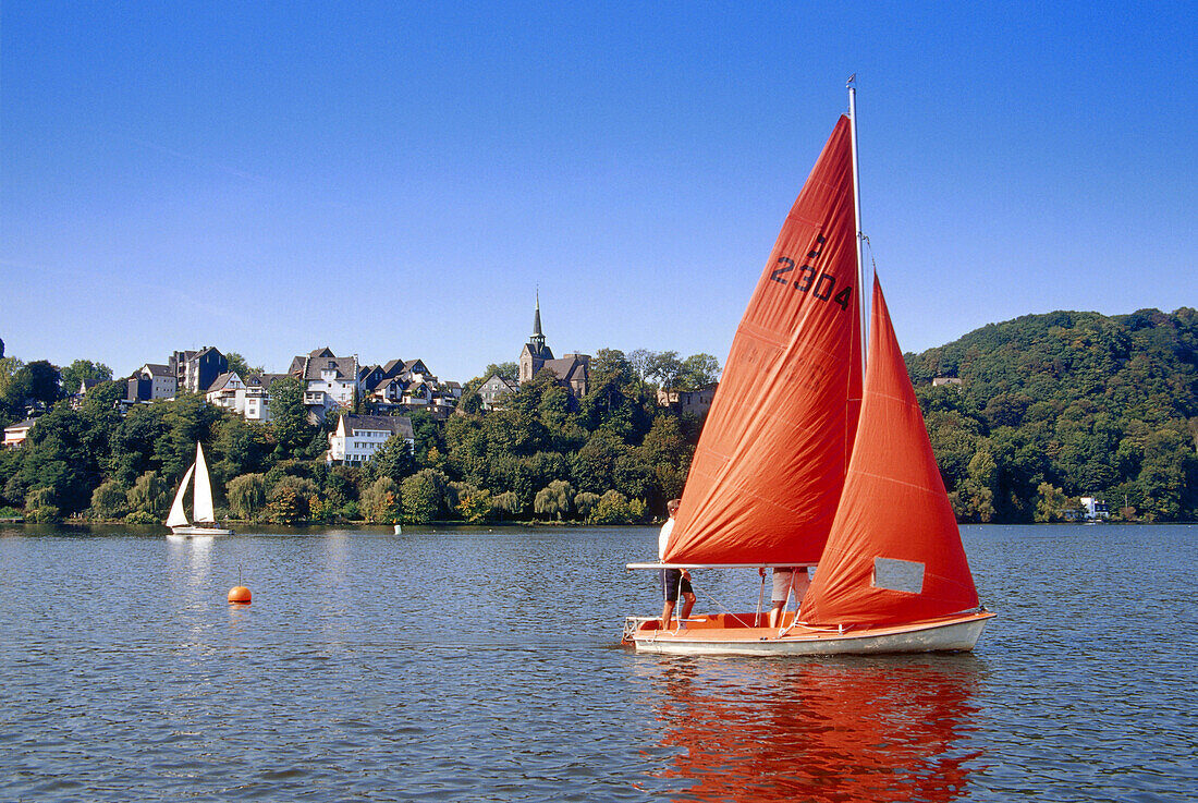 Sailing boats on a lake, Harkort lake, Wetter, Ruhr Valley, Ruhr, Northrhine, Westphalia, Germany