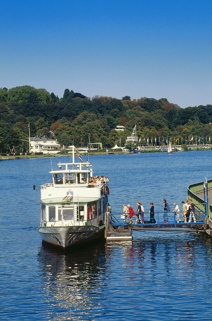 Excursion boat at a pier, Baldeney Lake, Essen, Ruhr Valley, Ruhr, Northrhine, Westphalia, Germany