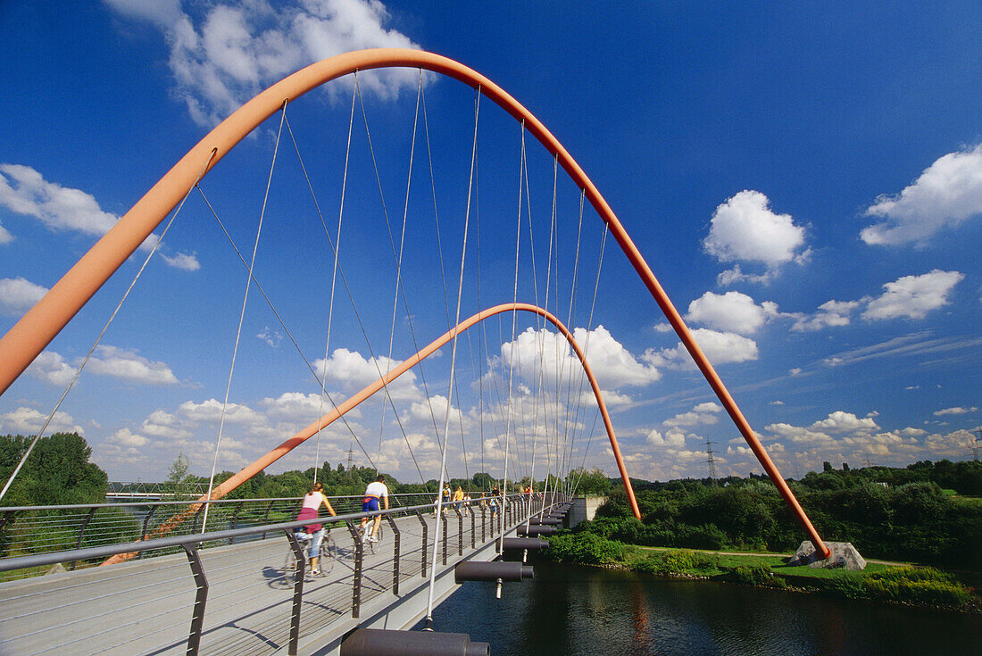 Double sheet bridge over Rhine-Herne Canal in Nordstern park, Gelsenkirchen, North Rhine-Westphalia, Germany
