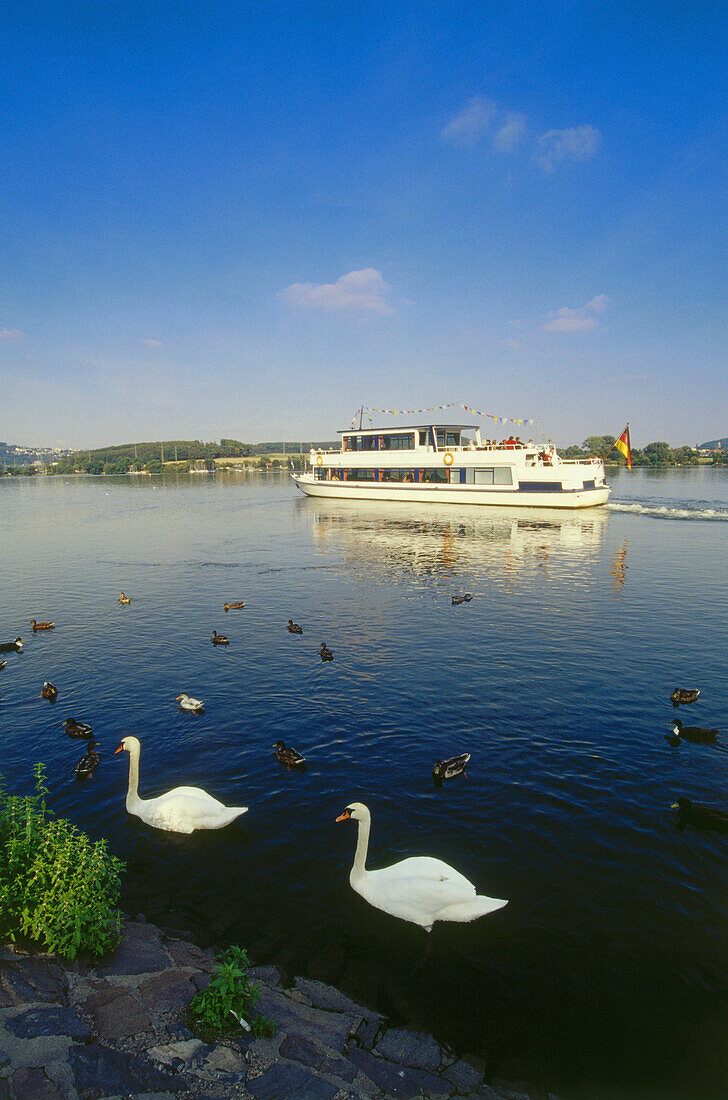 Excursion boat on reservoir Harkortsee, Wetter, North Rhine-Westphalia, Germany