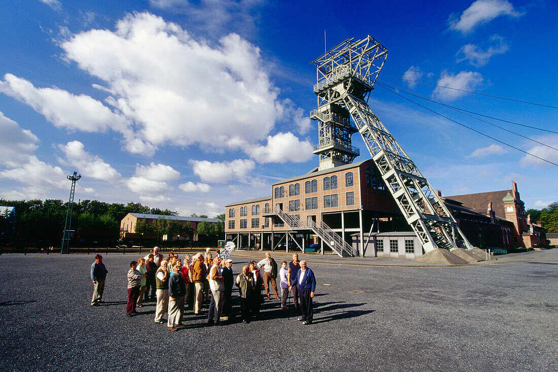 Shaft tower, People at the LWL Museum Zeche Zollern, Dortmund, Ruhr Valley, Ruhr, North Rhine Westphalia, Germany