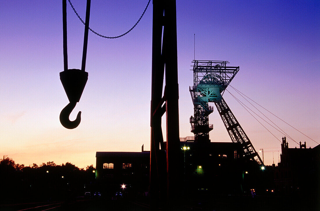 Headgear in twilight, LWL Museum Zeche Zollern, Dortmund, North Rhine-Westphalia, Germany