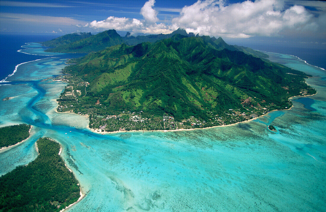 Aerail of Moorea Island and turquoise lagoon. French Polynesia