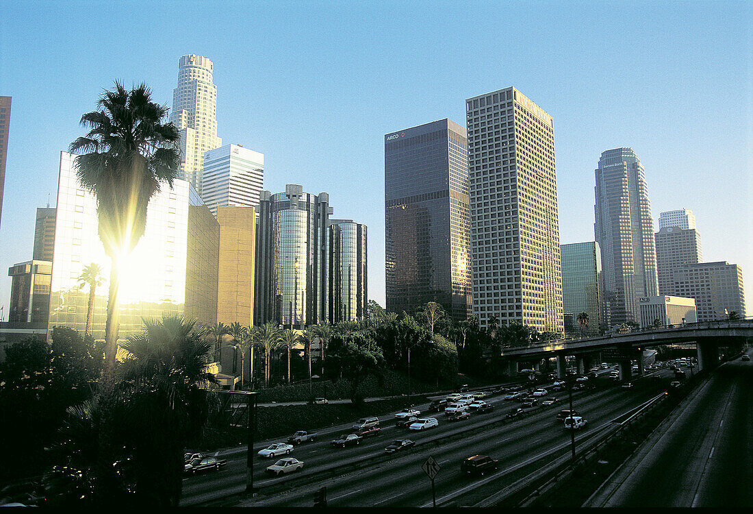 Downtown buildings and Hollywood freeway (Interstate 101). Los Angeles. USA