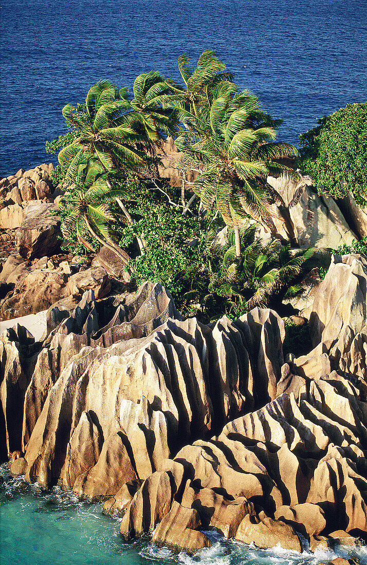 Aerial of the rocky islet Saint-Pierre. Praslin island. Seychelles