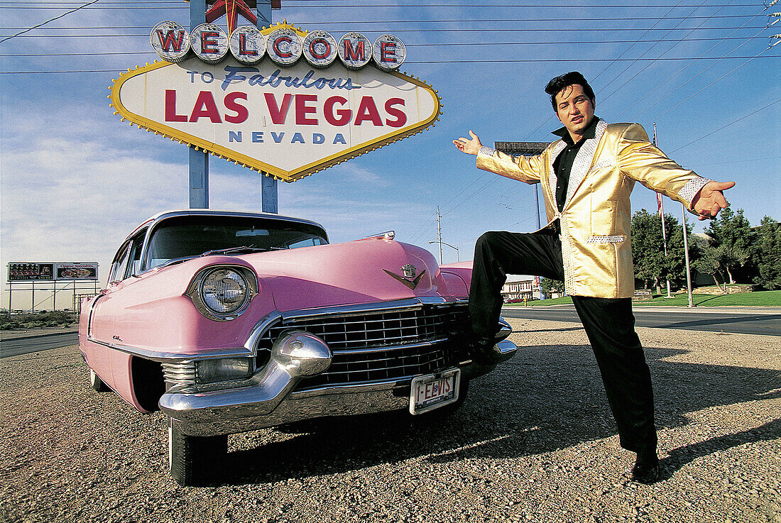 Jesse Garon, Elvis look-alike and pink sixties cadillac. Las Vegas. USA