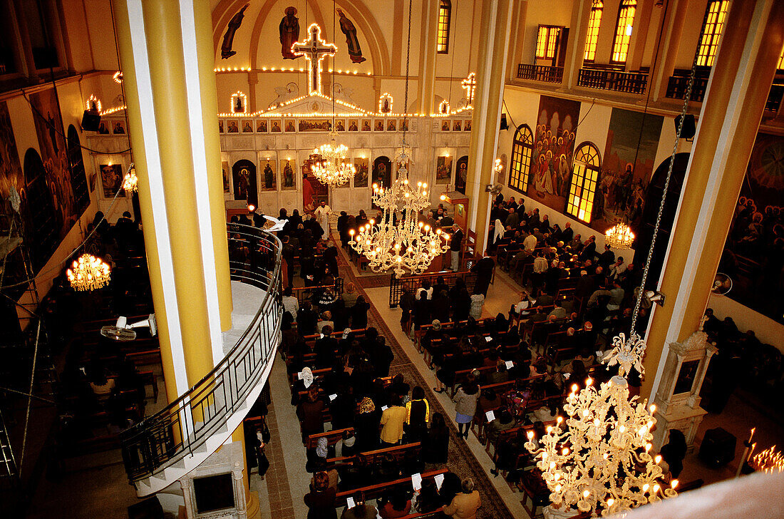 Overhead view on St George s Cathedral during Coptic mass. Lattakie. Syria