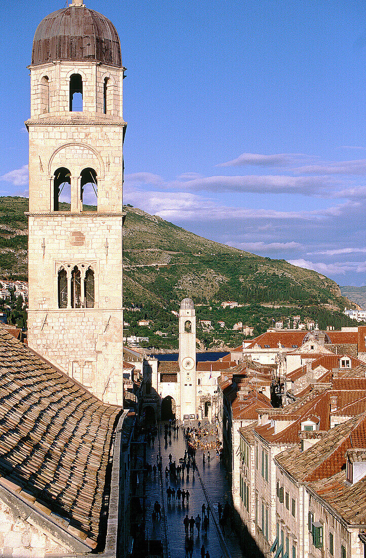 Stradun , main street with Franciscan monastery church belfry at fore. Dubrovnik. Croatia