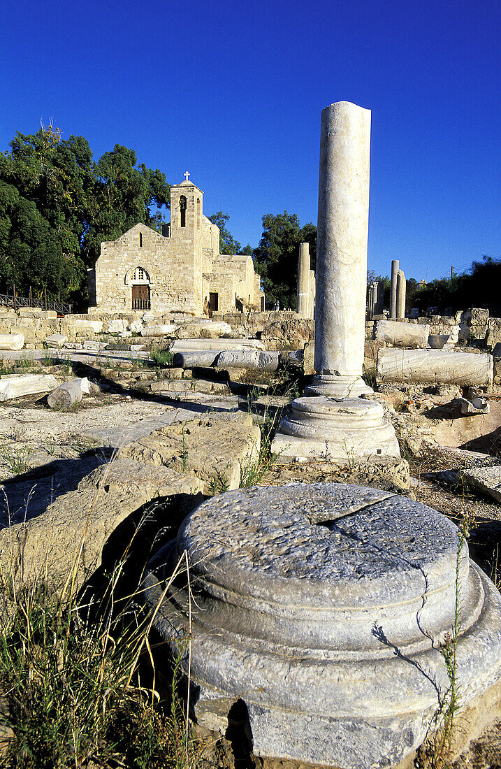 Early Christian basilica ruins and Panayia Chrysopolitissa church. Paphos. Cyprus
