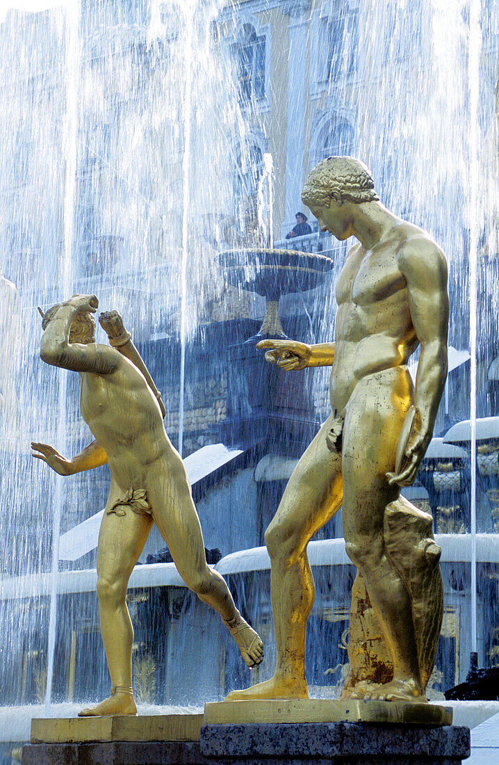 Golden statues and water works at Peterhof Park. Petrodvorets, St. Petersburg. Russia