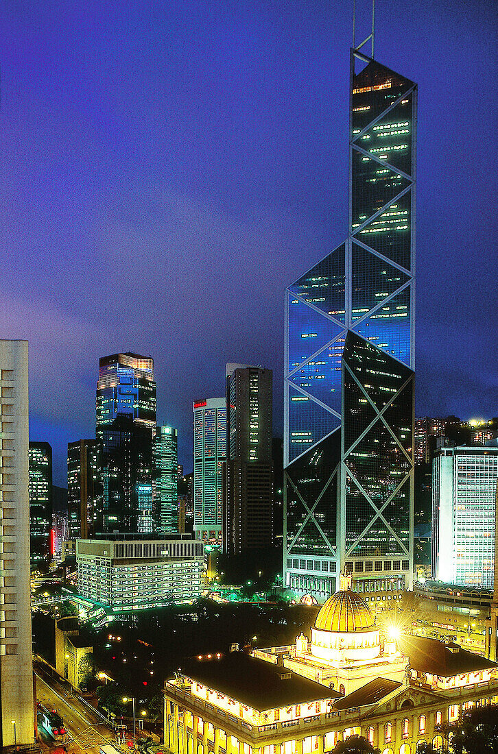 Night view of Wanchai district. Council Building and at back the bank of China (arch. I.M. Pei). Hong Kong. China