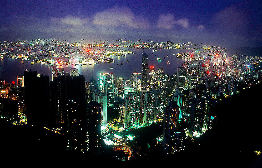 Wanchai city skyline view at night from top of funicular station hill. Hong Kong. China