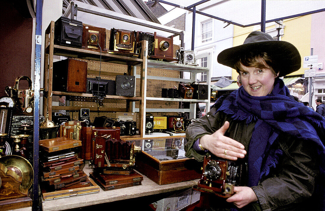 Antique cameras at Portobello Road Sunday market. London. England