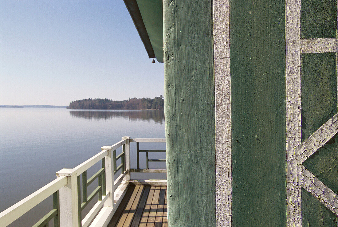 Boathouse beside lake. Grönsöö. Sweden