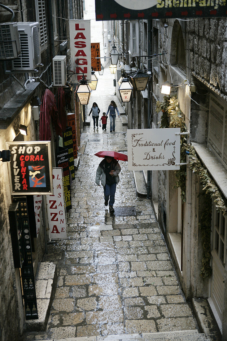 Pizzerias, restaurants and shops. Dubrovnik, Croatia.