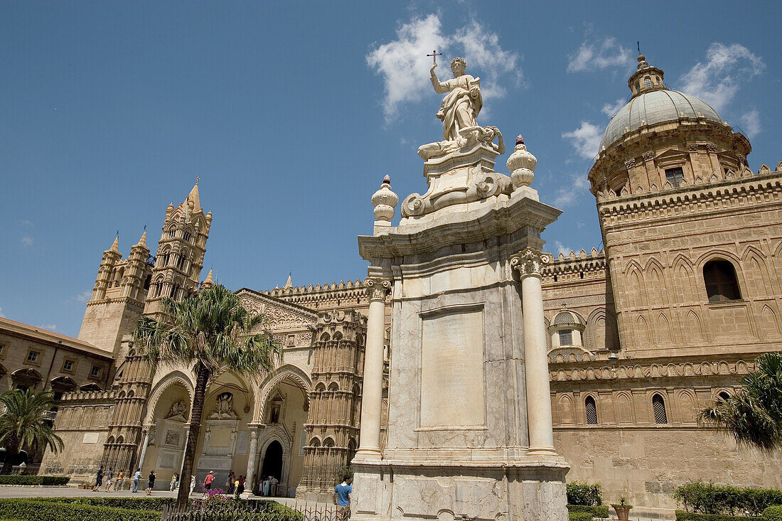 Cathedral and statue of patron Saint Rosalia at fore, Palermo. Sicily, Italy