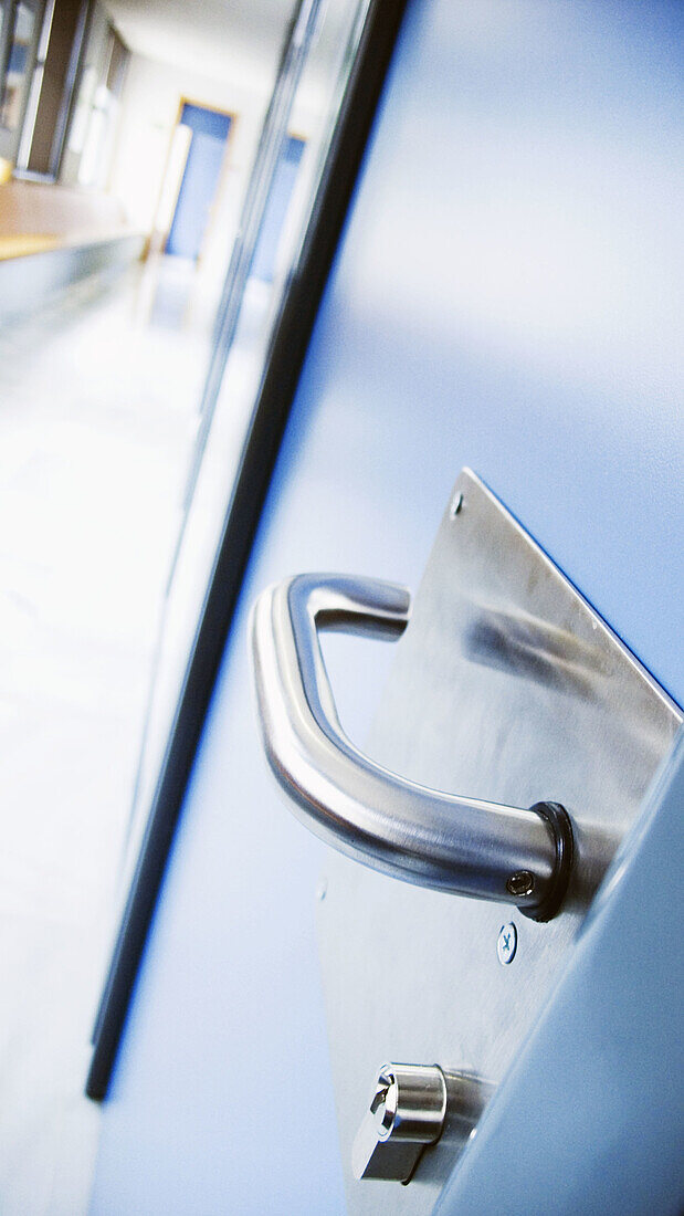  Blue, Classroom, Classrooms, Close up, Close-up, Closed, Closeup, Color, Colour, Concept, Concepts, Corridor, Corridors, Detail, Details, Door, Doors, Handle, Handles, Indoor, Indoors, Interior, Metal, Office, Offices, Reflection, Reflections, D56-537017