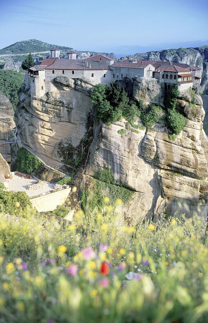  Art, Arts, Color, Colour, Daytime, Europe, Exterior, Flower, Flowers, Geological formation, Geological formations, Greece, Historic, Historical, History, Meteora, Monasteries, Monastery, Mountain, Mountains, Outdoor, Outdoors, Outside, Religion, Rock for