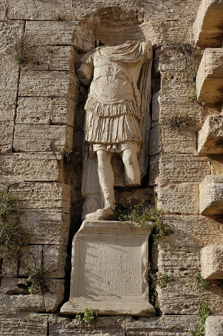 Roman statue by Portal de ses Taules, town gate. Ibiza, Balearic Islands. Spain