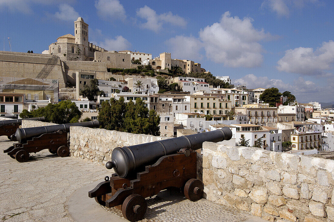 Old cannons in Dalt Vila district, old town of Ibiza. Ibiza, Balearic Islands. Spain